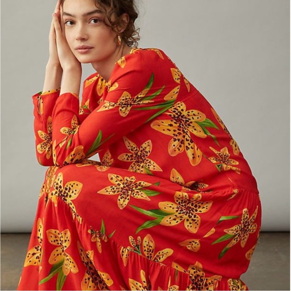 Farm Rio Anthropologie Red Floral Maxi Dress
